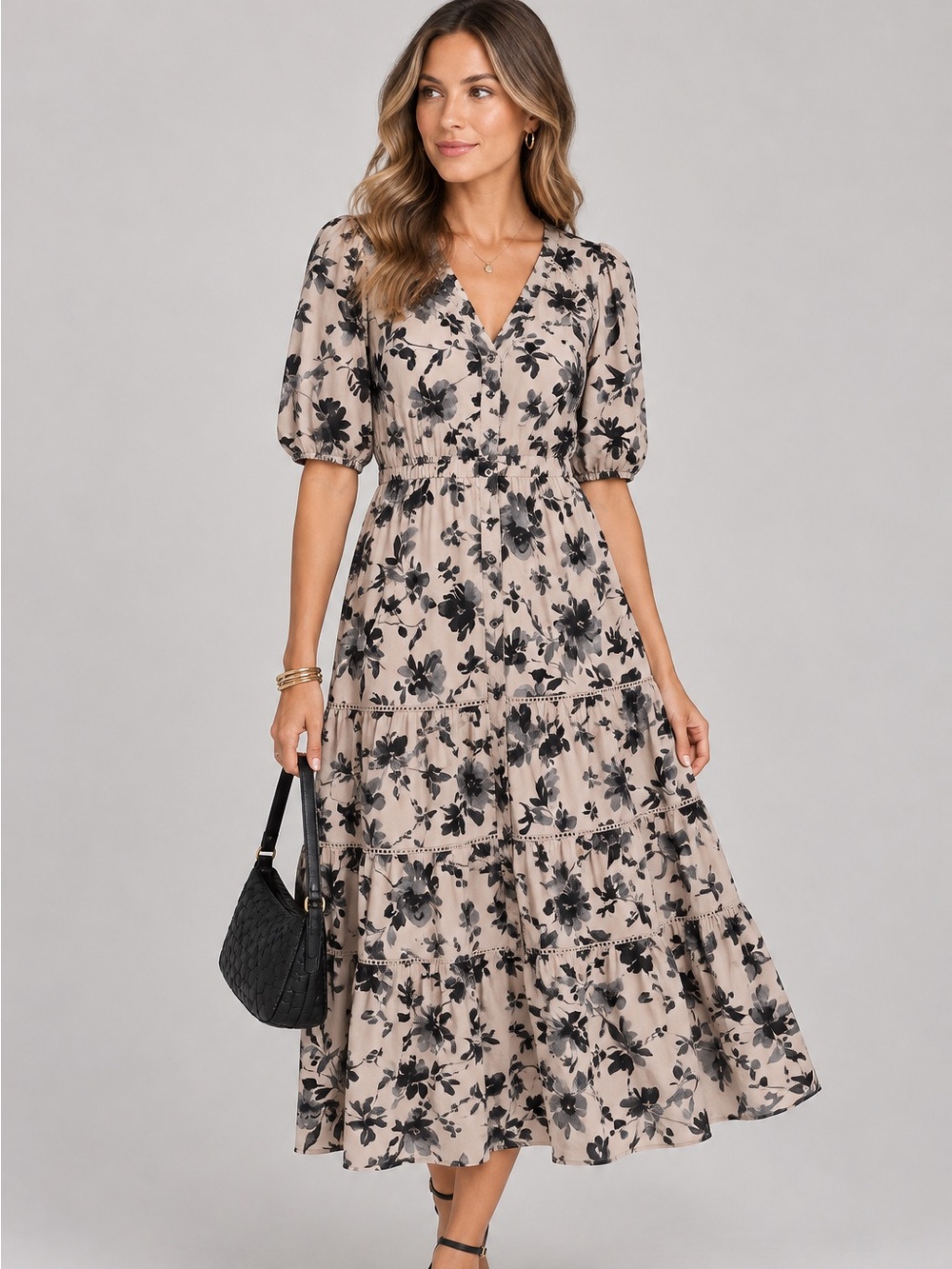 Rachel Zoe Tan Black Floral Tiered Midi Dress Women’s XS Neutral Feminine Garden